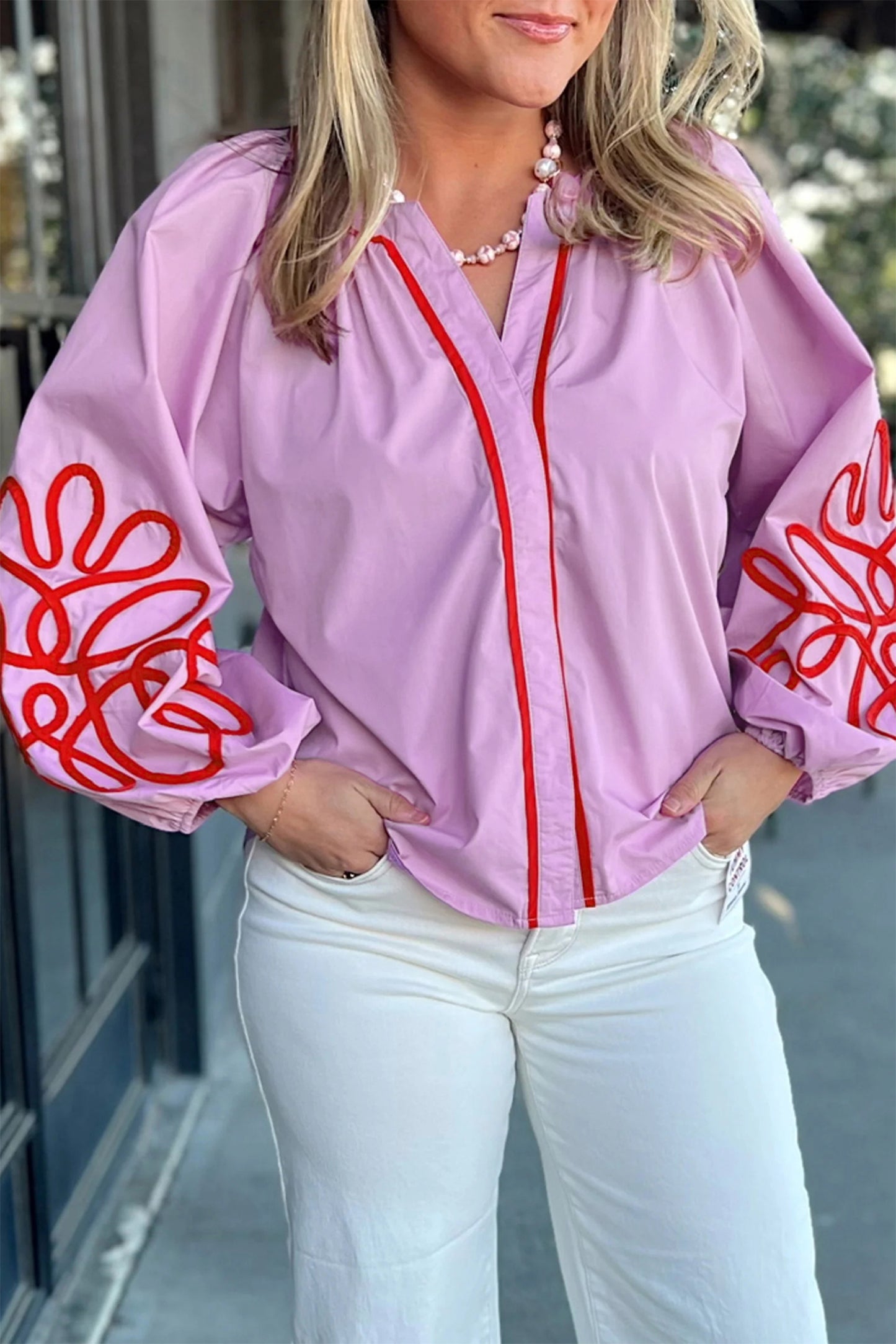 Orchid Bouquet Detail Long Sleeve Decorative Neckline Cotton Blouse