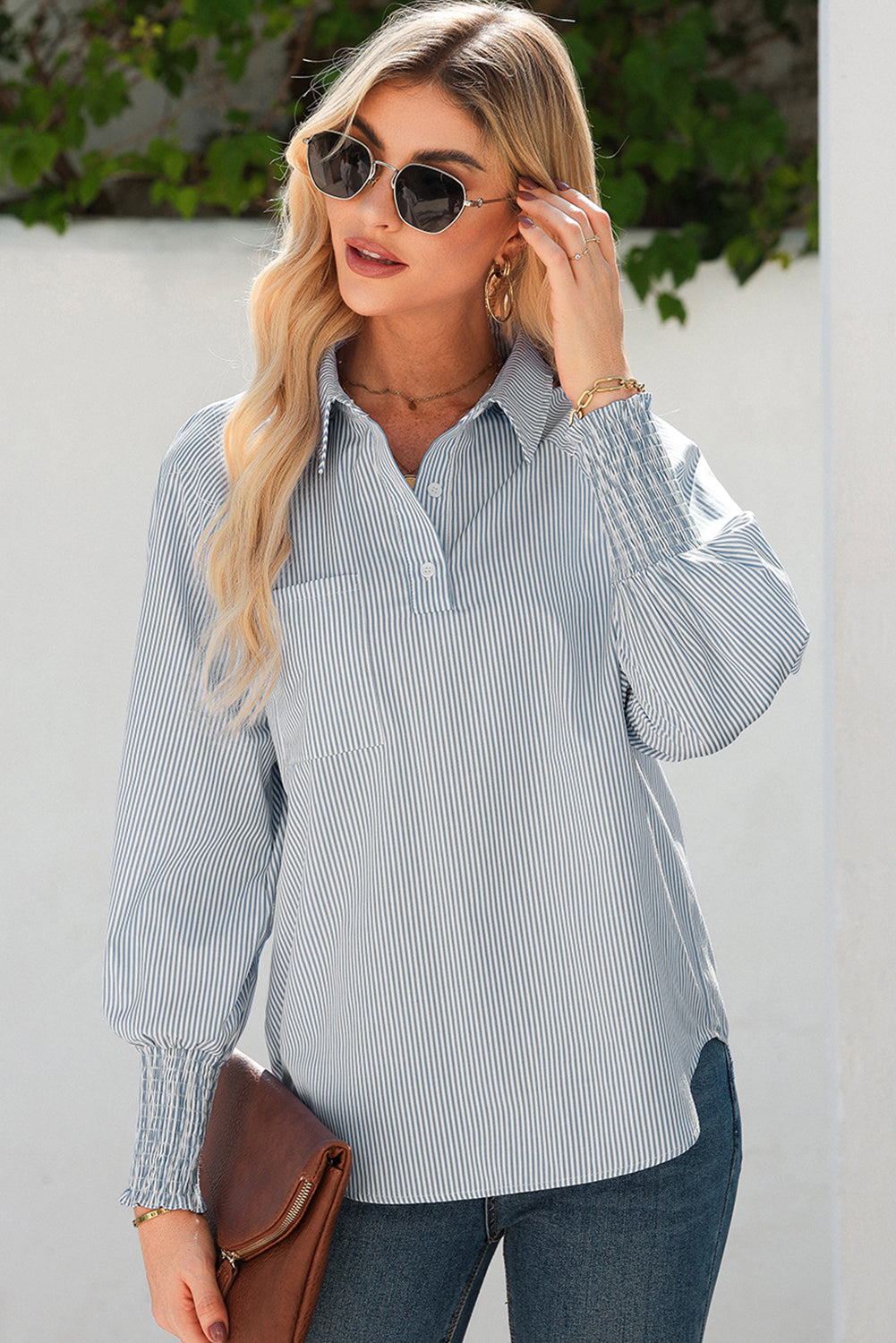 Gray Pinstripe Long Sleeve Smocked Cuffs Button Collar Blouse