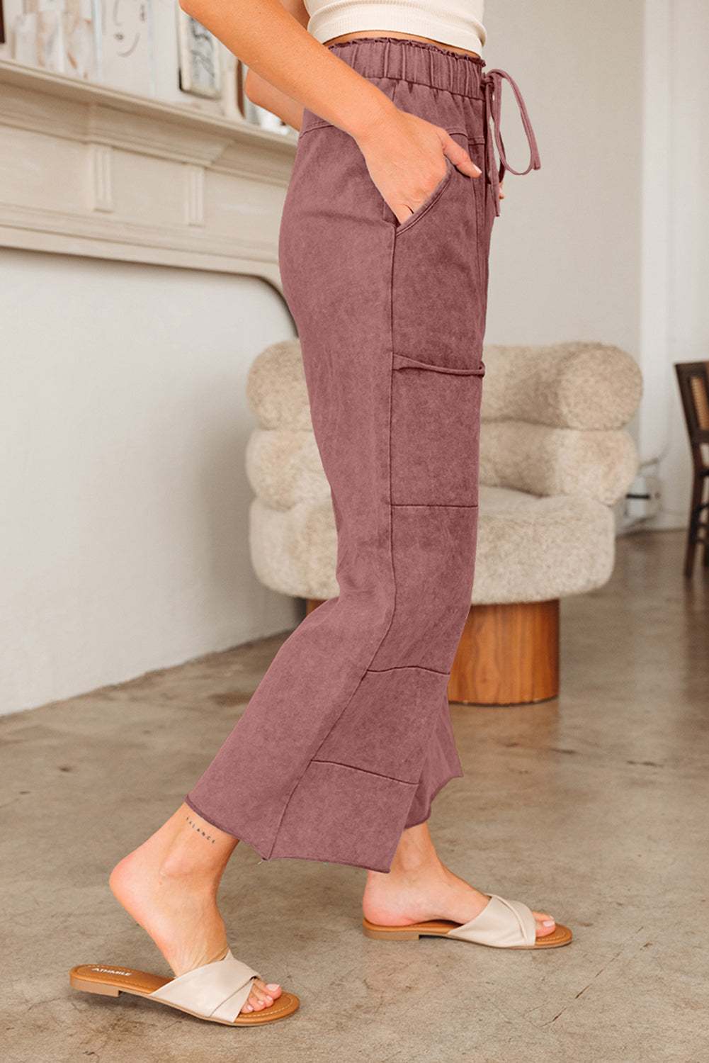 Mineral Wash Lace-up High Waist Raw Hem Patched Pocket Pants