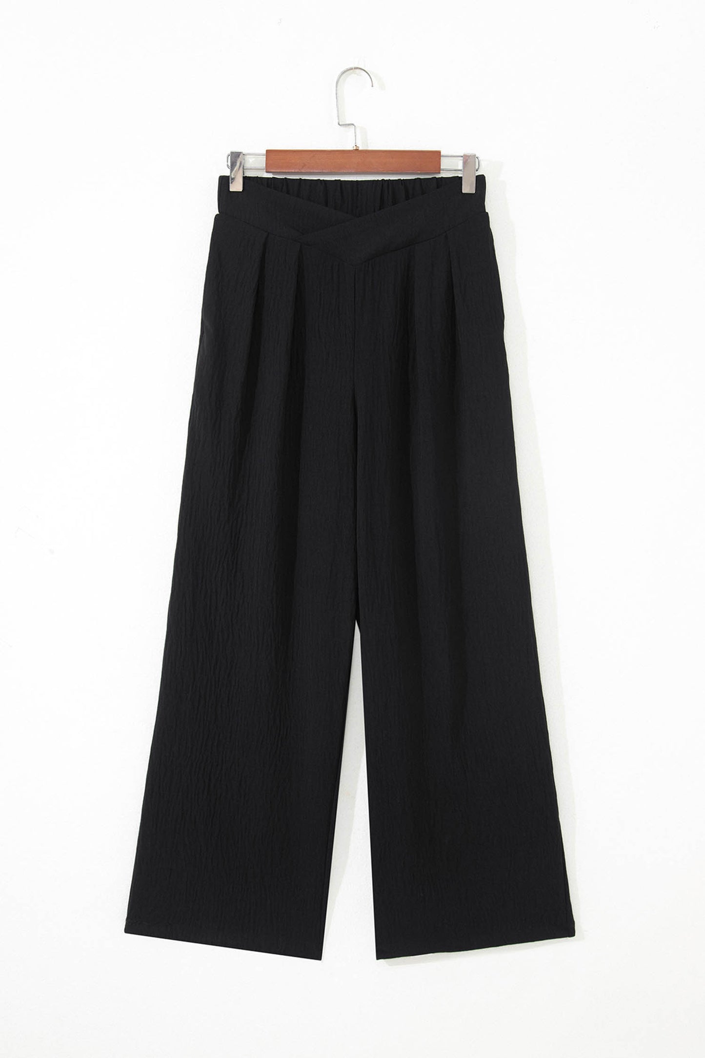 Black Solid Color Textured Crossed Waist Loose Pants