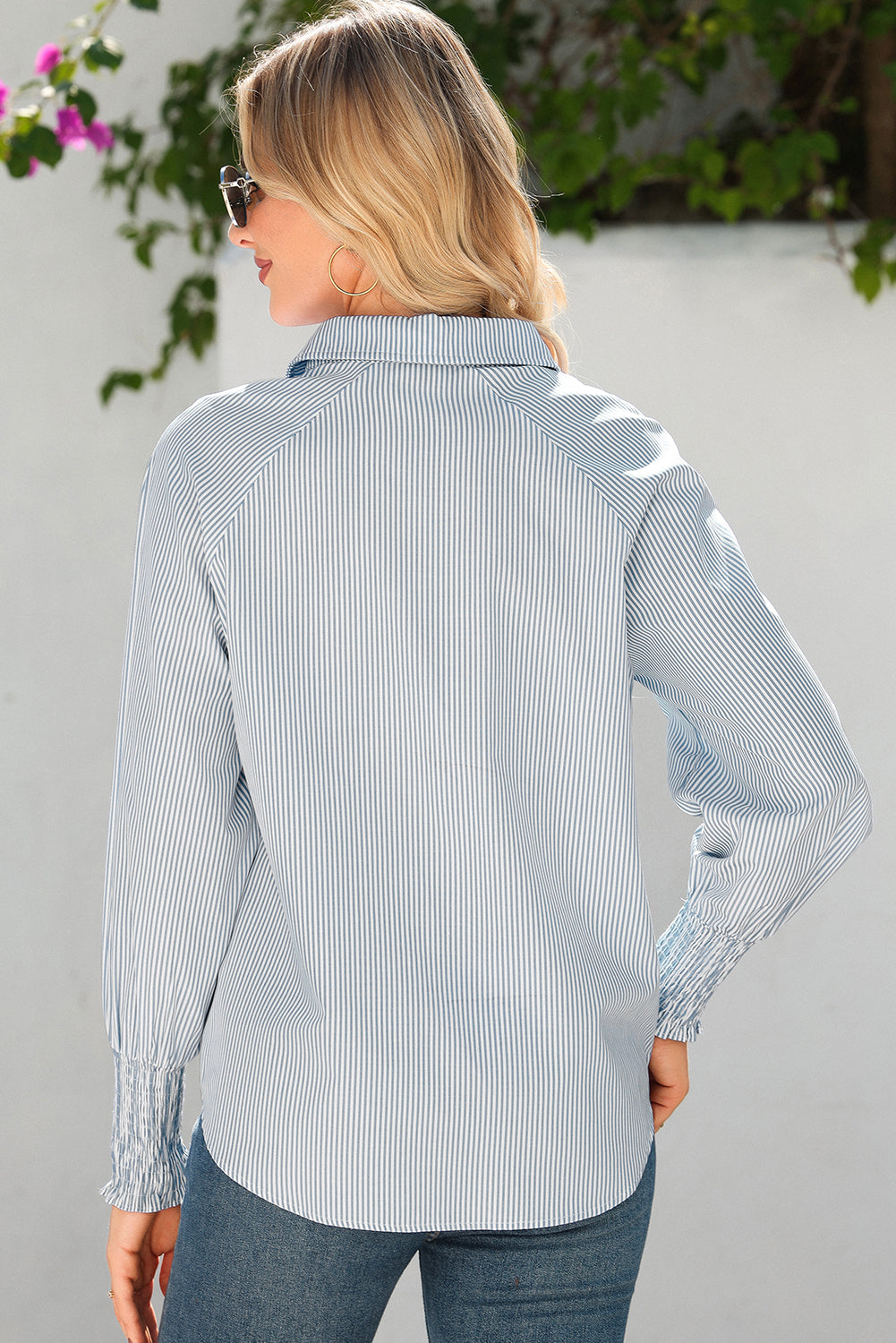 Gray Pinstripe Long Sleeve Smocked Cuffs Button Collar Blouse