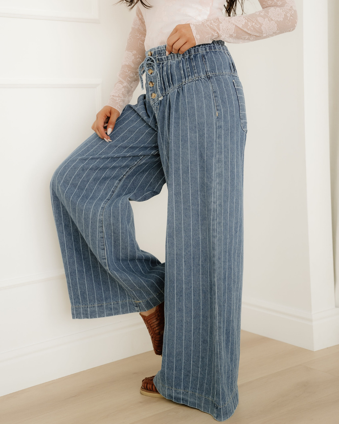 Cora Stripe Button Pleated Wide Leg Jeans