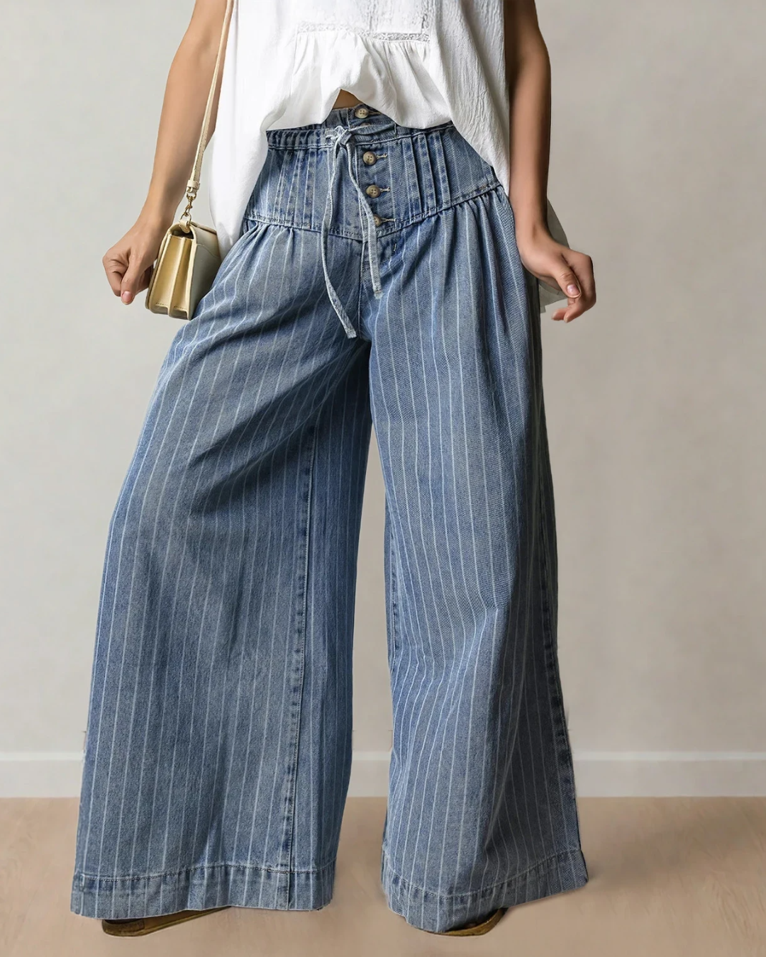 Cora Stripe Button Pleated Wide Leg Jeans