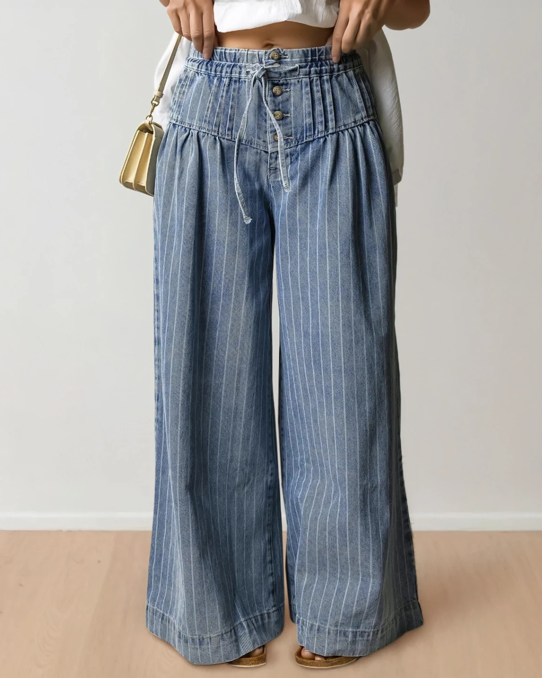Cora Stripe Button Pleated Wide Leg Jeans