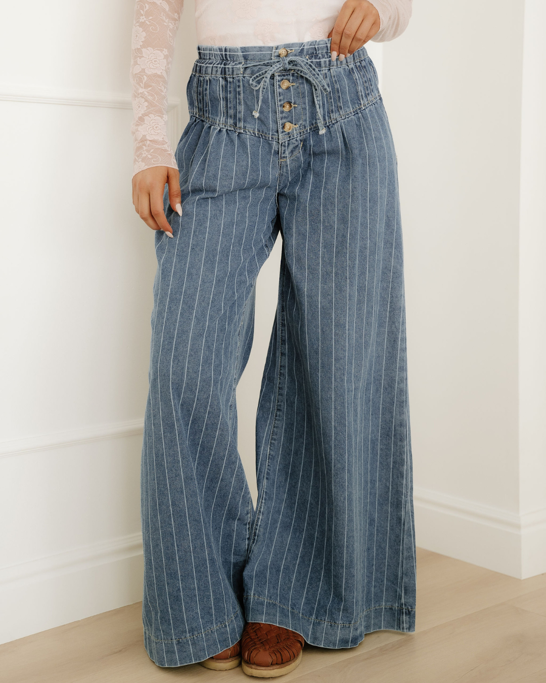 Cora Stripe Button Pleated Wide Leg Jeans