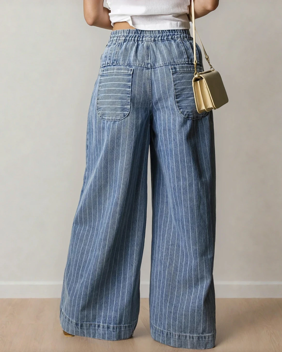 Cora Stripe Button Pleated Wide Leg Jeans