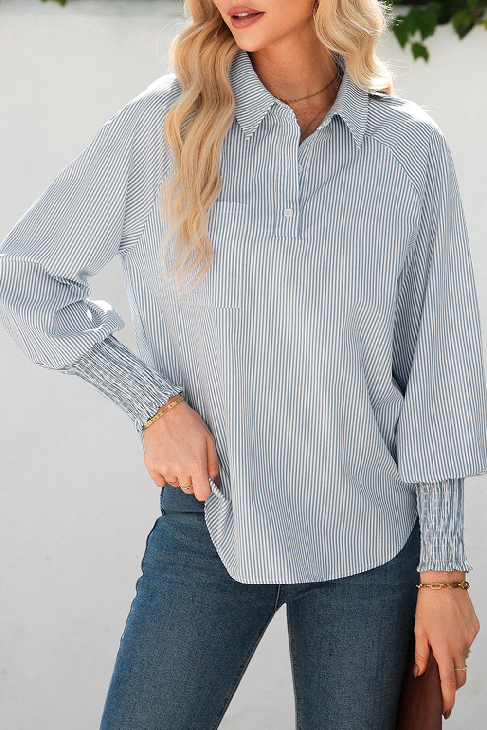 Gray Pinstripe Long Sleeve Smocked Cuffs Button Collar Blouse