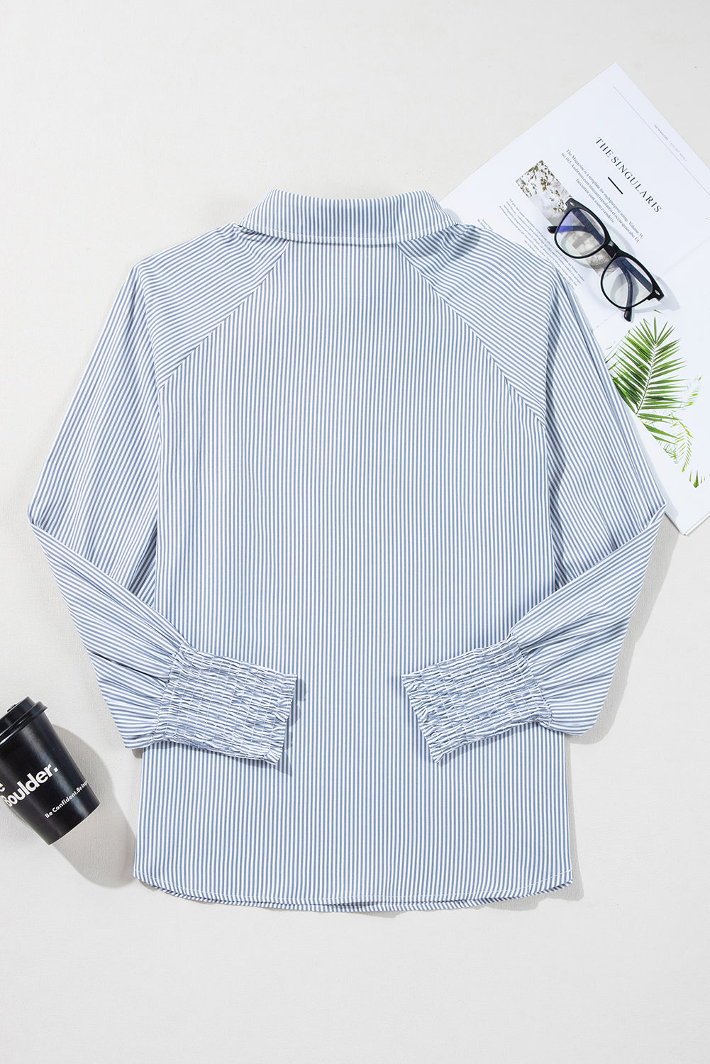Gray Pinstripe Long Sleeve Smocked Cuffs Button Collar Blouse