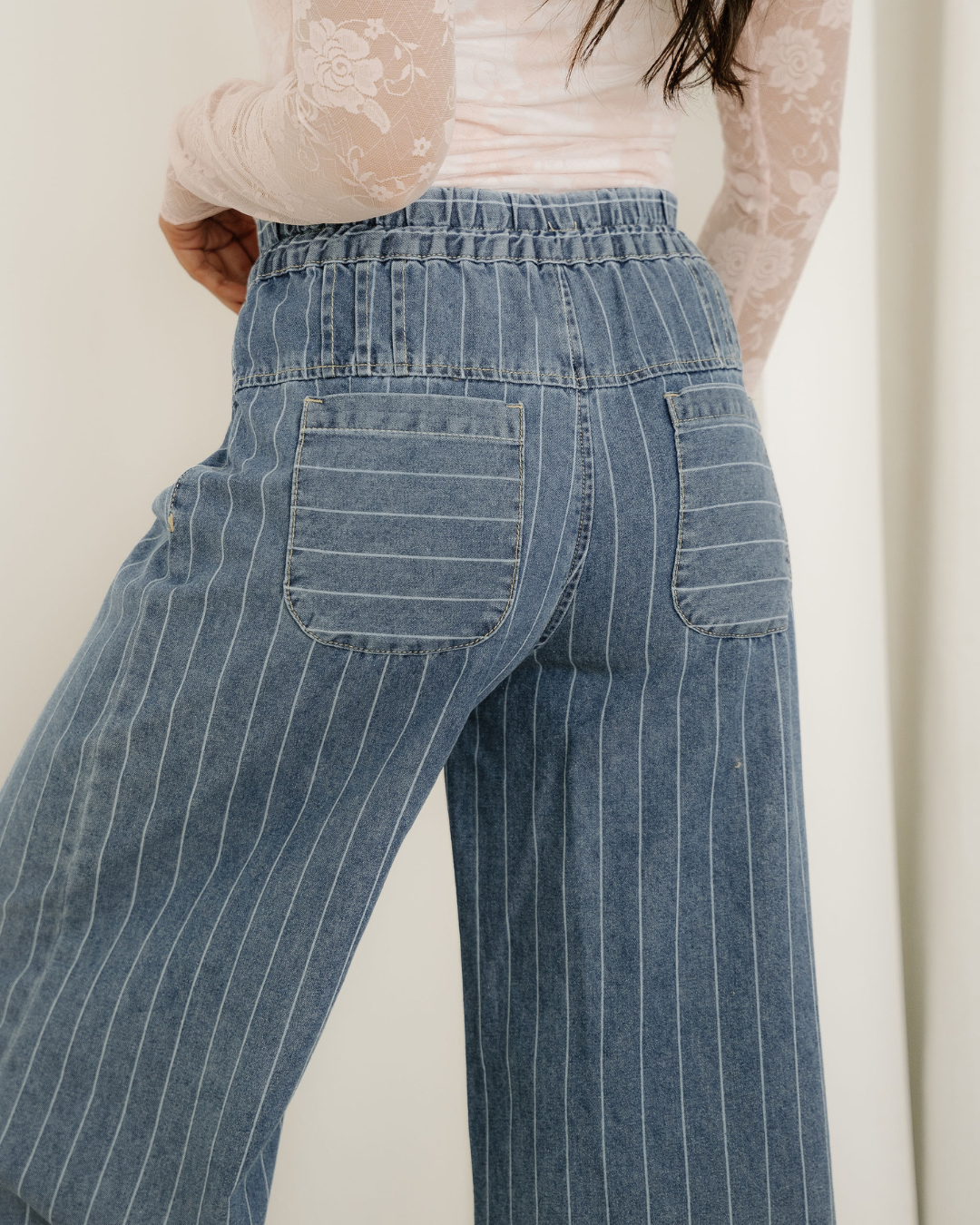 Cora Stripe Button Pleated Wide Leg Jeans