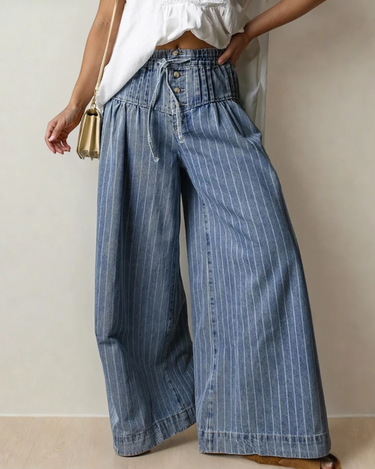 Cora Stripe Button Pleated Wide Leg Jeans