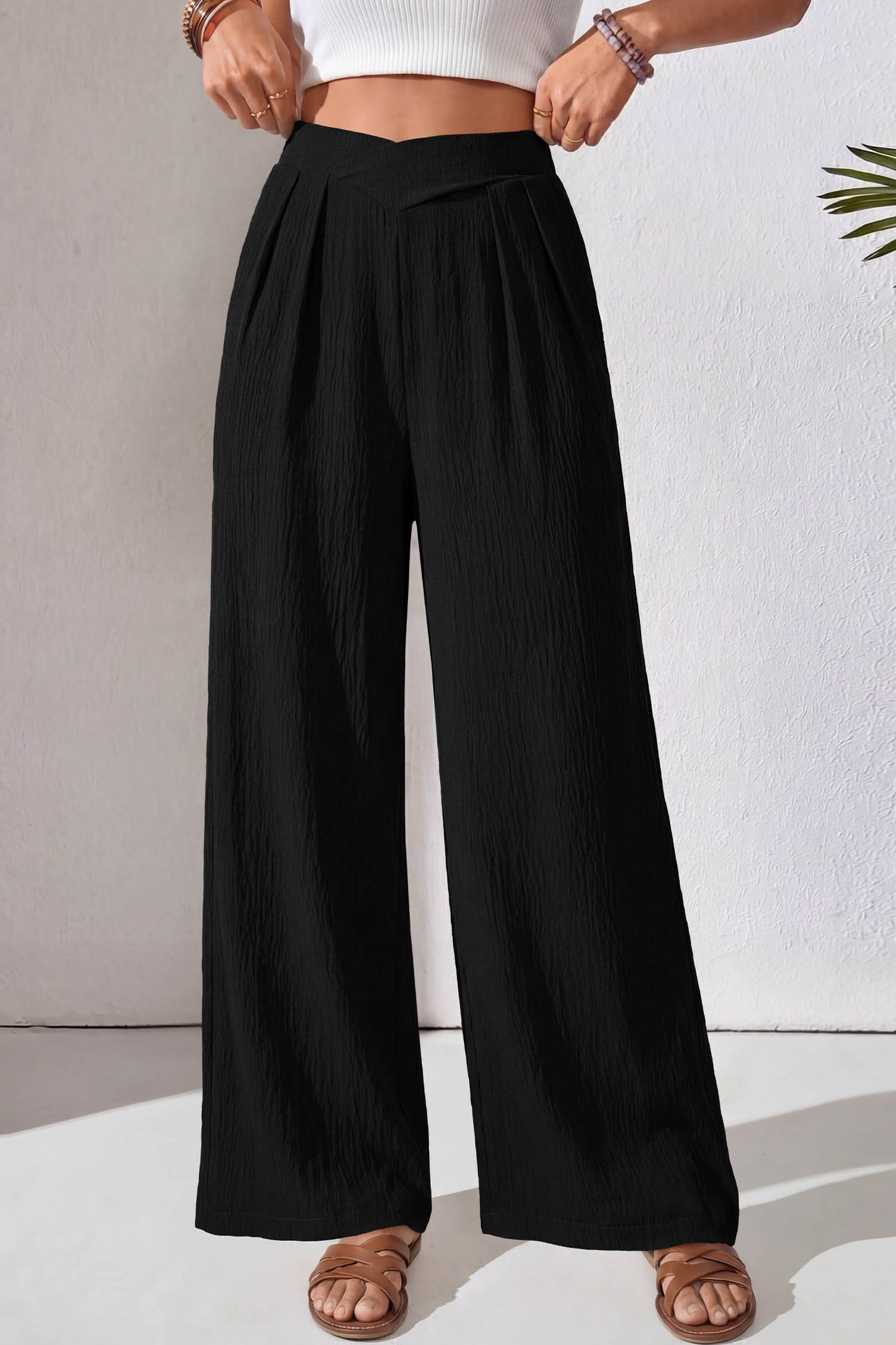 Black Solid Color Textured Crossed Waist Loose Pants