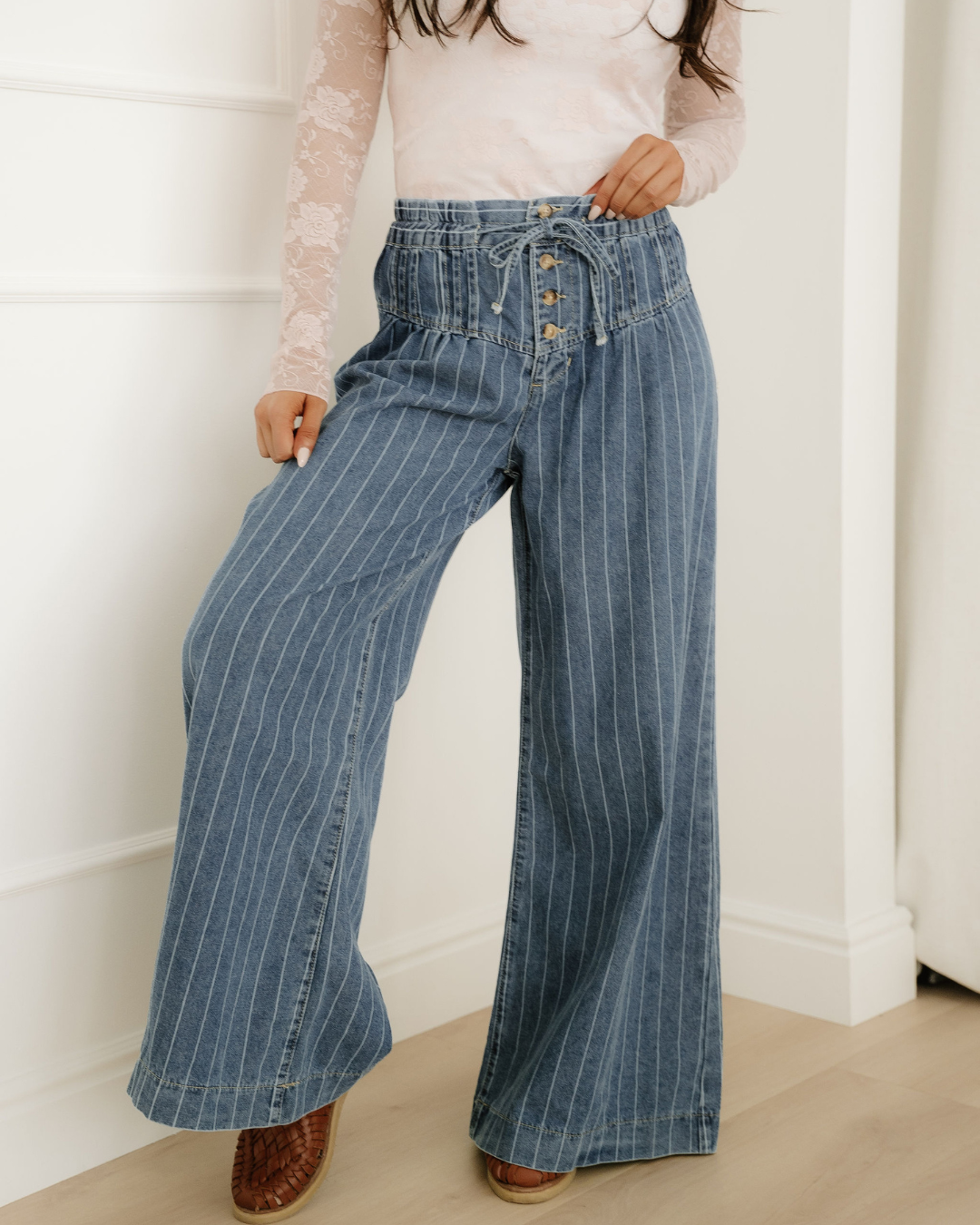 Cora Stripe Button Pleated Wide Leg Jeans