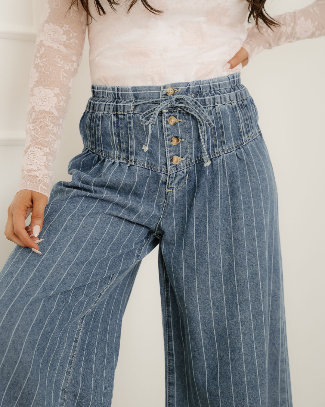 Cora Stripe Button Pleated Wide Leg Jeans