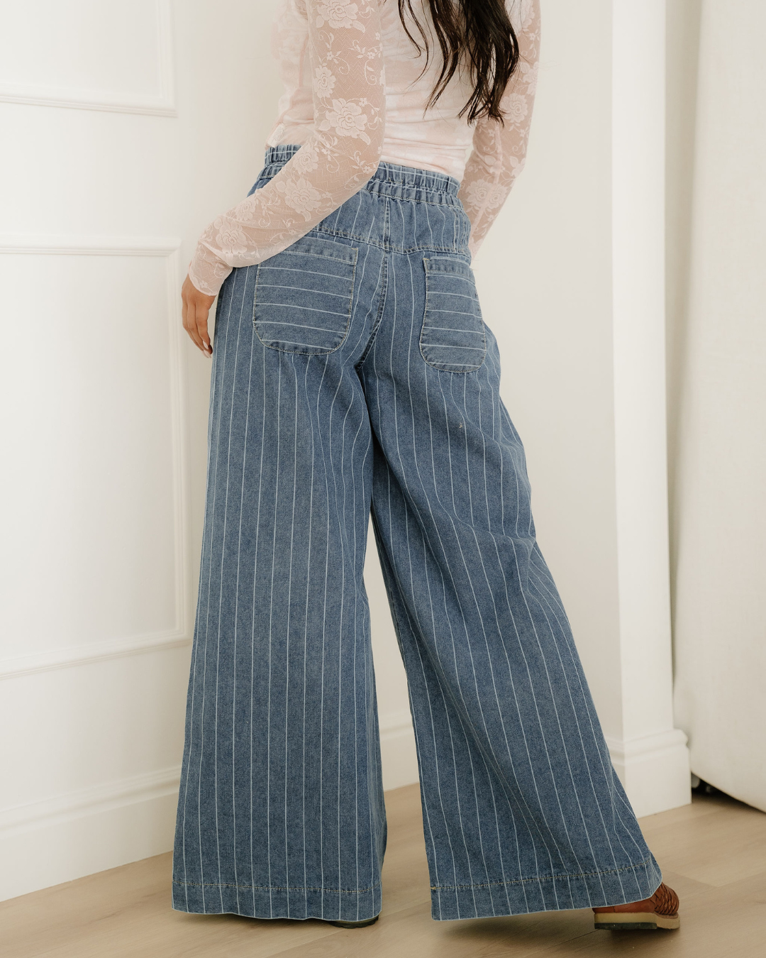 Cora Stripe Button Pleated Wide Leg Jeans