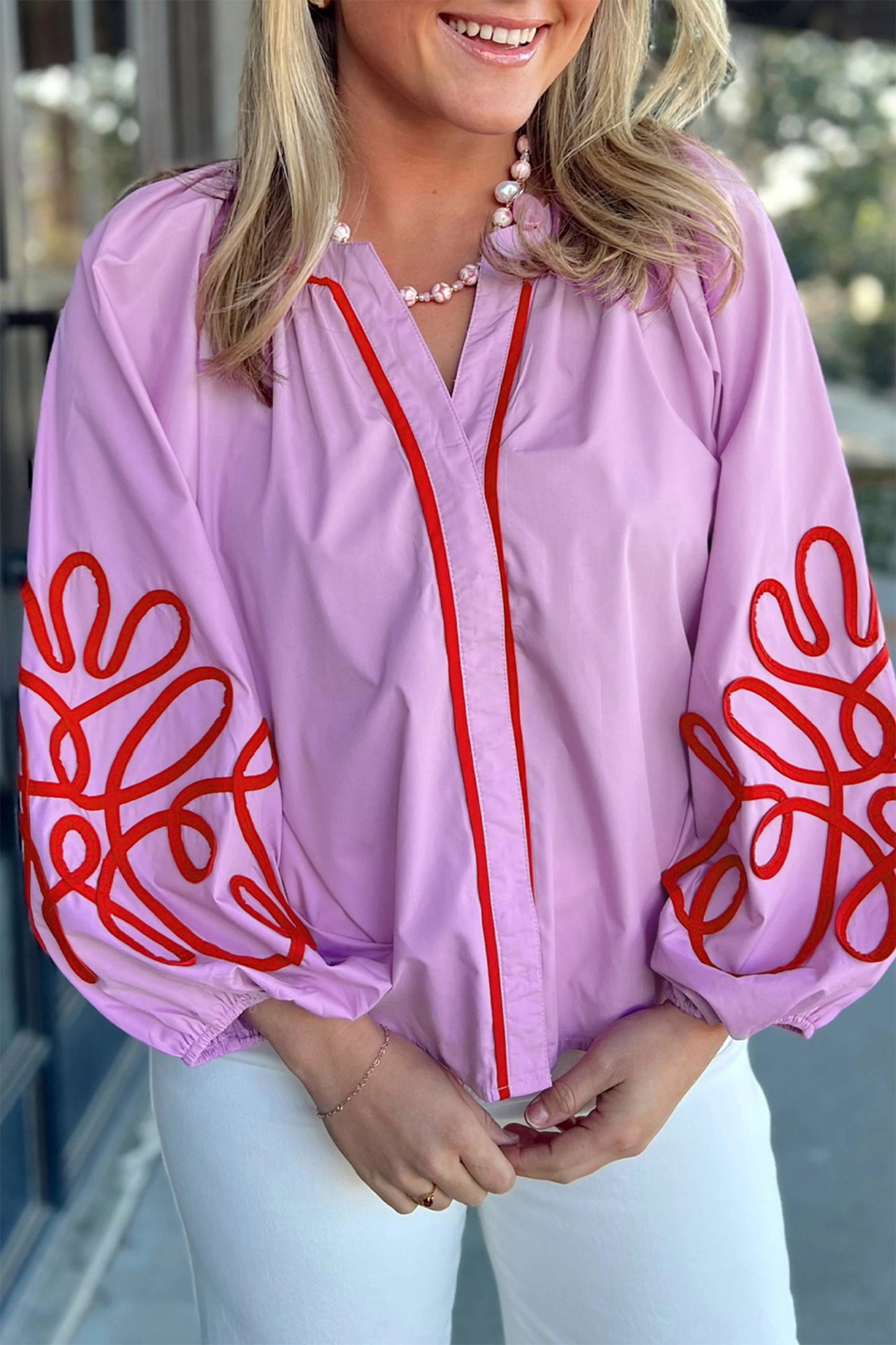 Orchid Bouquet Detail Long Sleeve Decorative Neckline Cotton Blouse