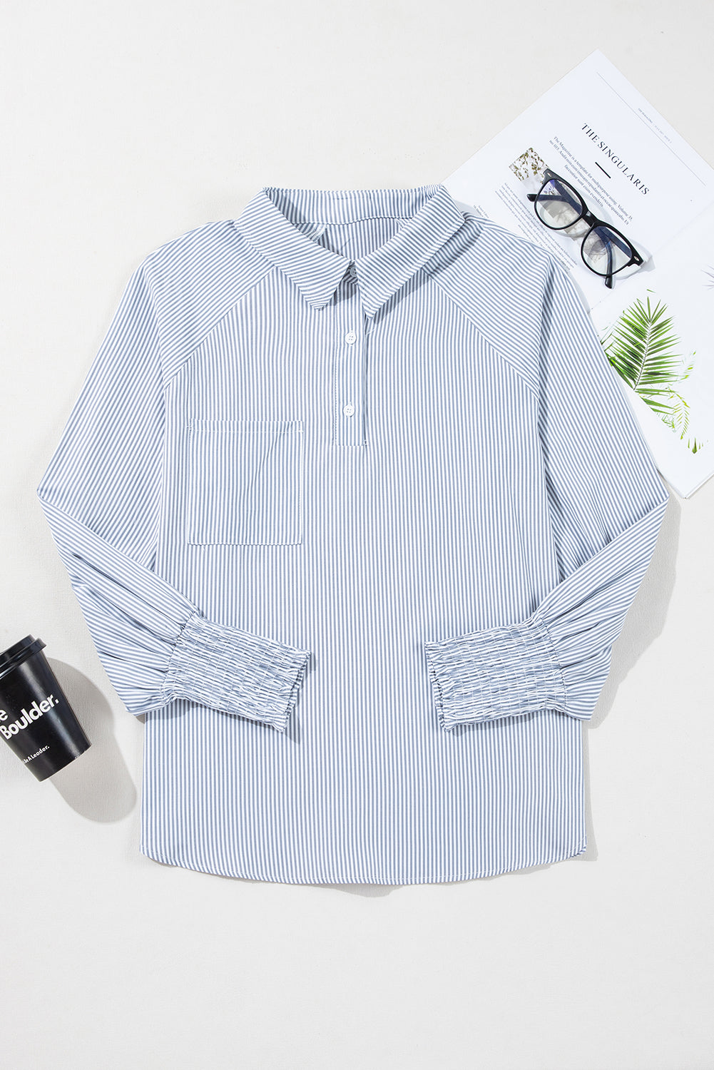 Gray Pinstripe Long Sleeve Smocked Cuffs Button Collar Blouse