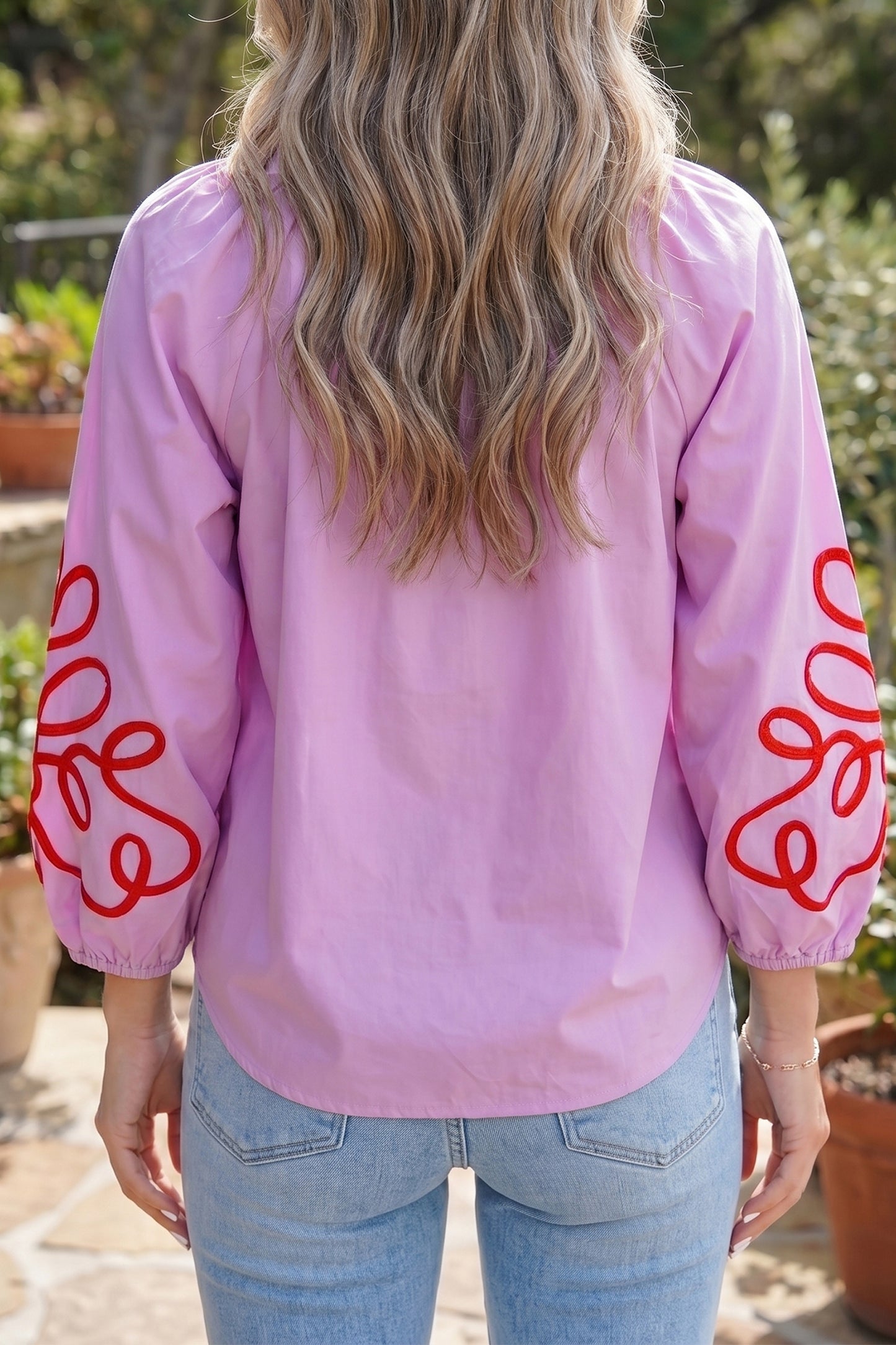Orchid Bouquet Detail Long Sleeve Decorative Neckline Cotton Blouse