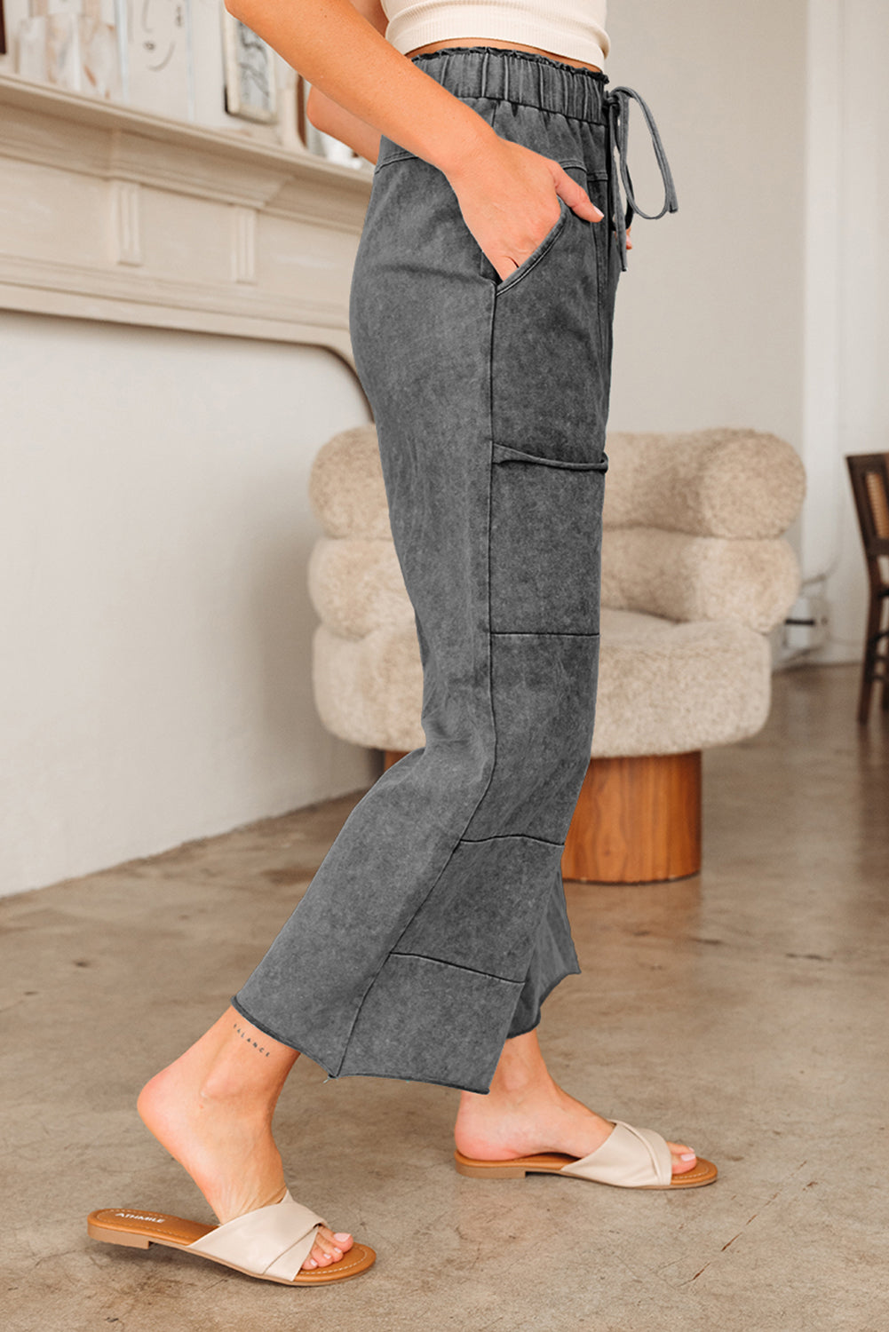 Mineral Wash Lace-up High Waist Raw Hem Patched Pocket Pants