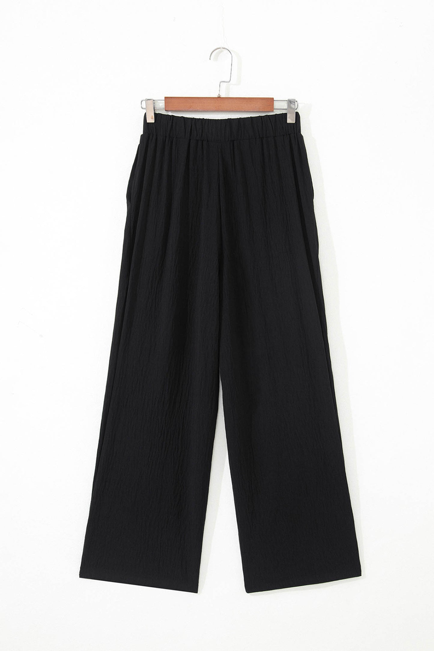 Black Solid Color Textured Crossed Waist Loose Pants