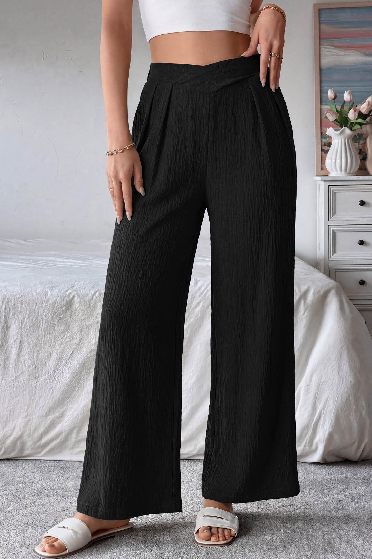 Black Solid Color Textured Crossed Waist Loose Pants