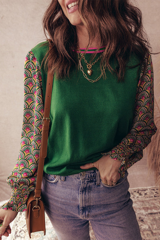 Blackish Green Floral Patchwork Shirred Cuff Puff Sleeve Sweater