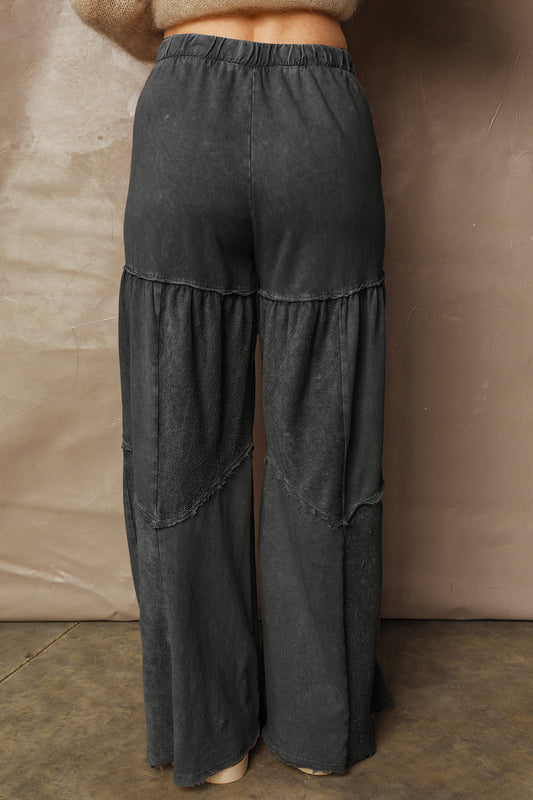 Black Mineral Wash Tiered Wide Leg Patchwork Drawstring Pants